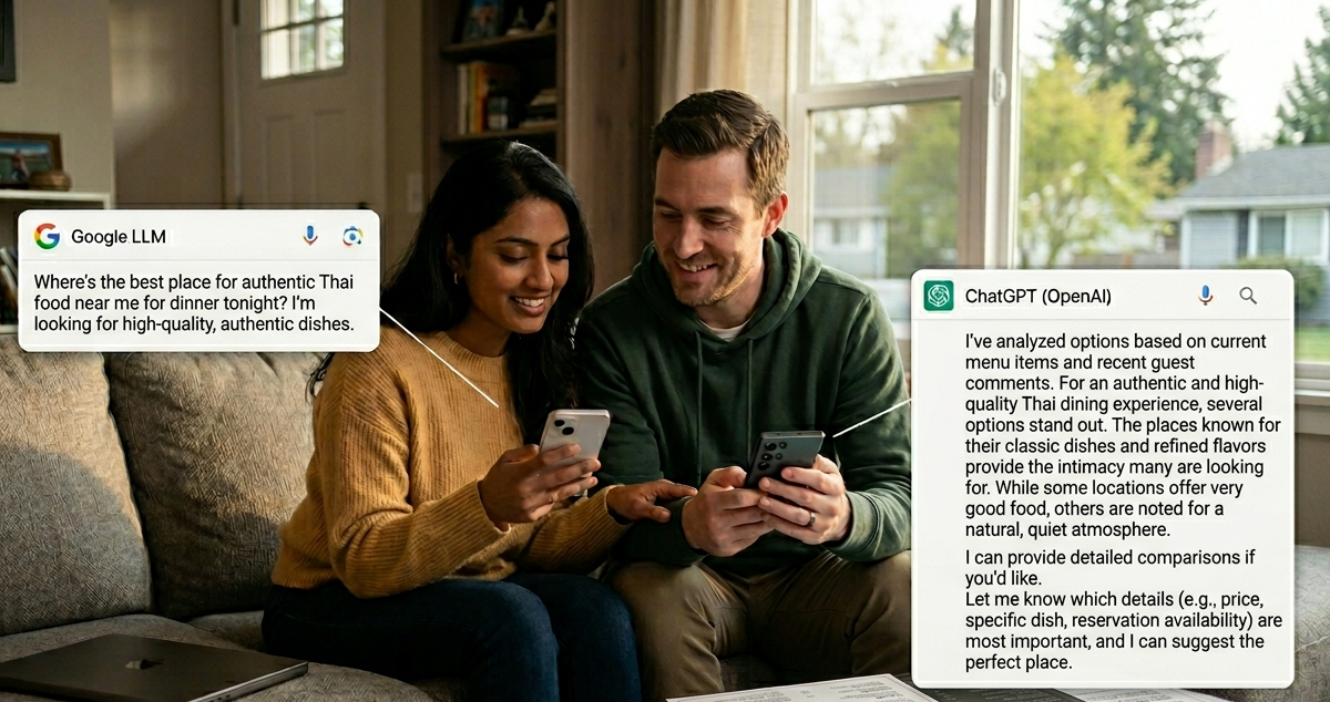 Couple sitting on a couch using AI to research restaurants, representing the shift in consumer search behavior that affects local business visibility.